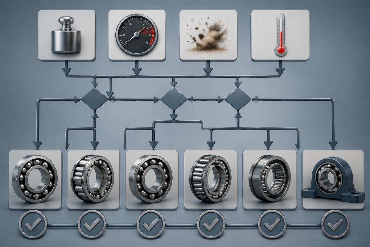 Application-based bearing selection flowchart showing load, speed, contamination, and temperature inputs