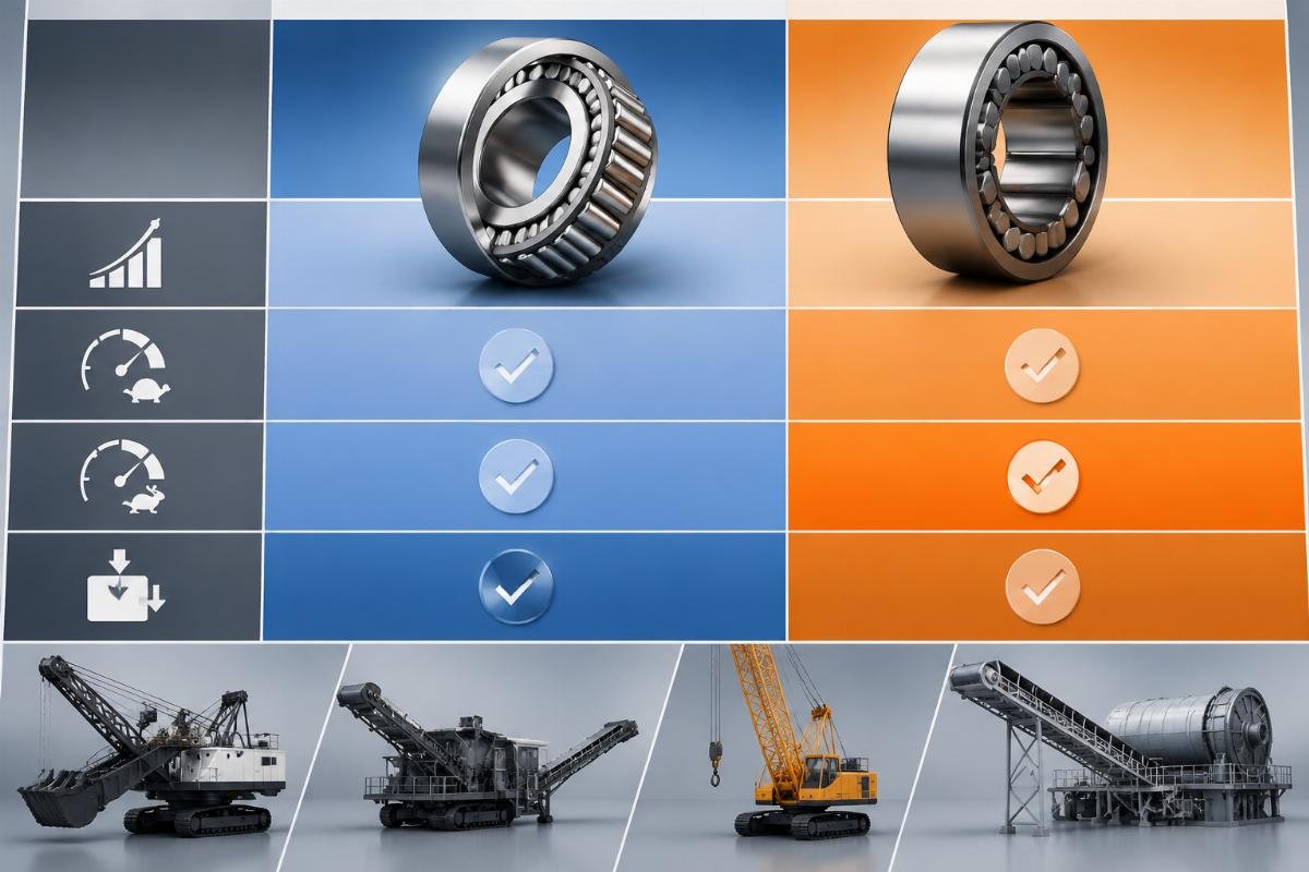 Application selection decision matrix showing Timken tapered roller versus SKF cylindrical roller track roller fit by load profile and speed range