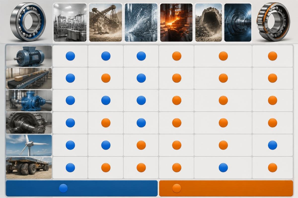 Application selection matrix showing SKF vs Timken preference by operating condition