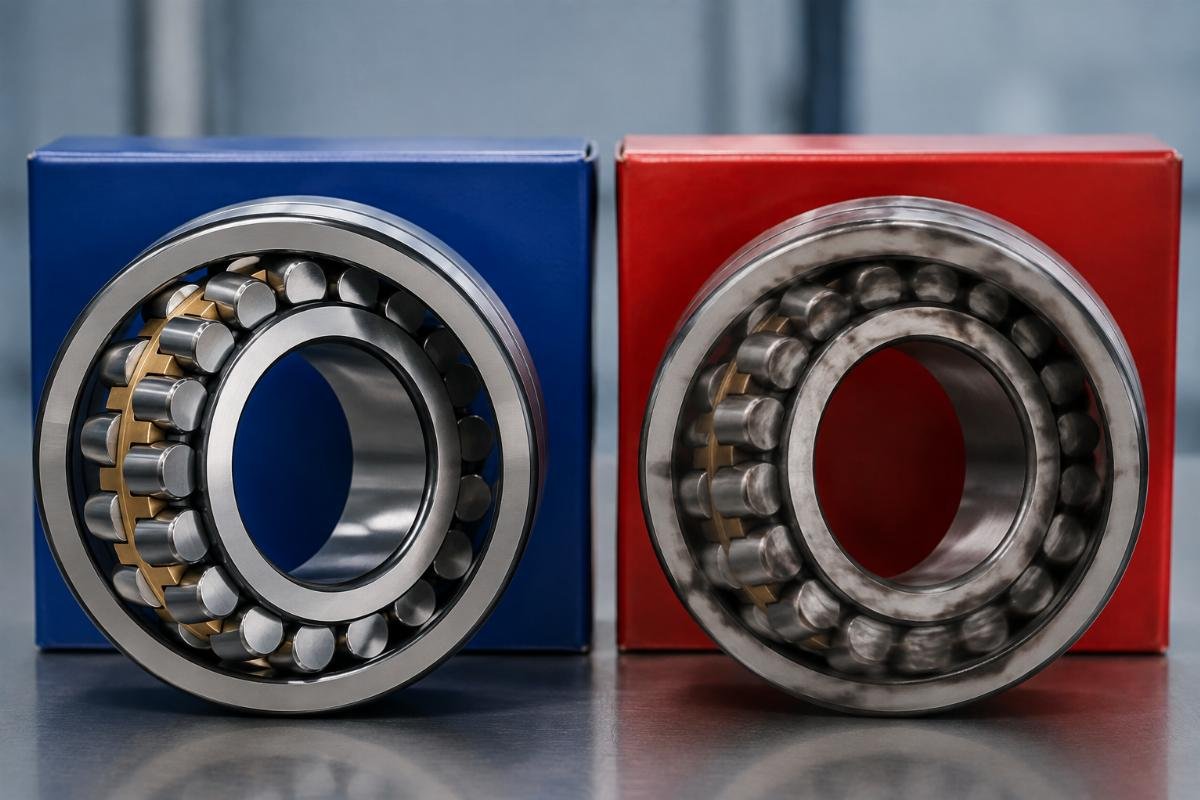 Authentic SKF 22320 spherical roller bearing alongside a counterfeit unit showing blurred markings