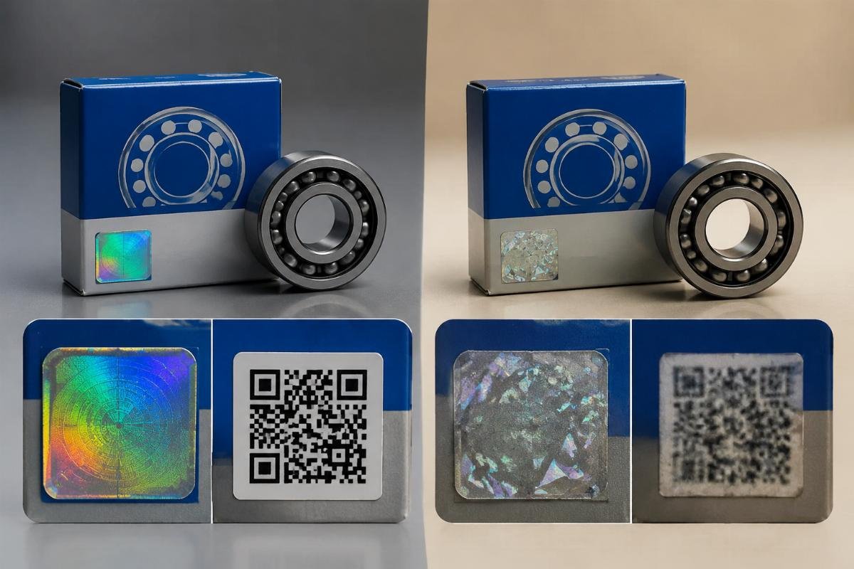 Authentic vs counterfeit bearing packaging comparison showing hologram and QR code differences