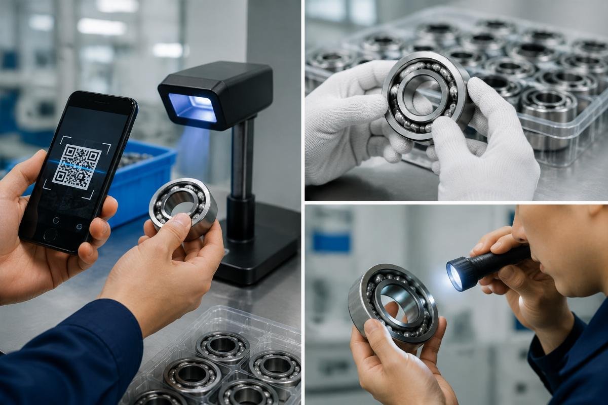 Authentication verification process showing QR code scanning, batch number check, and physical marking inspection for branded bearings