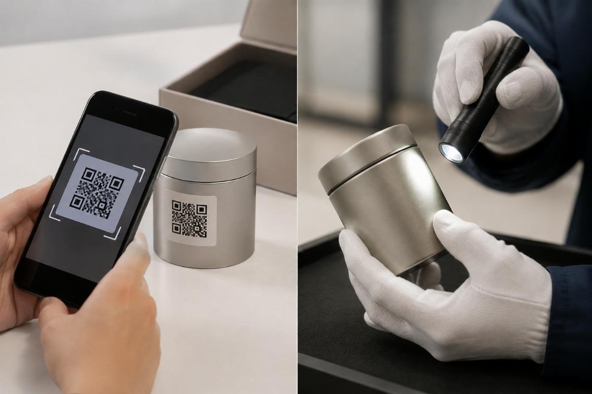 Authenticity verification process showing QR scan and physical inspection steps