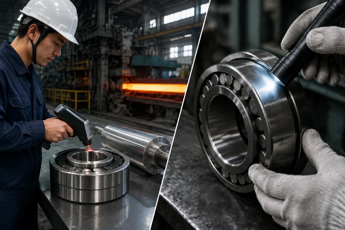 Authenticity verification steps for steel mill bearings including code check and physical marking inspection