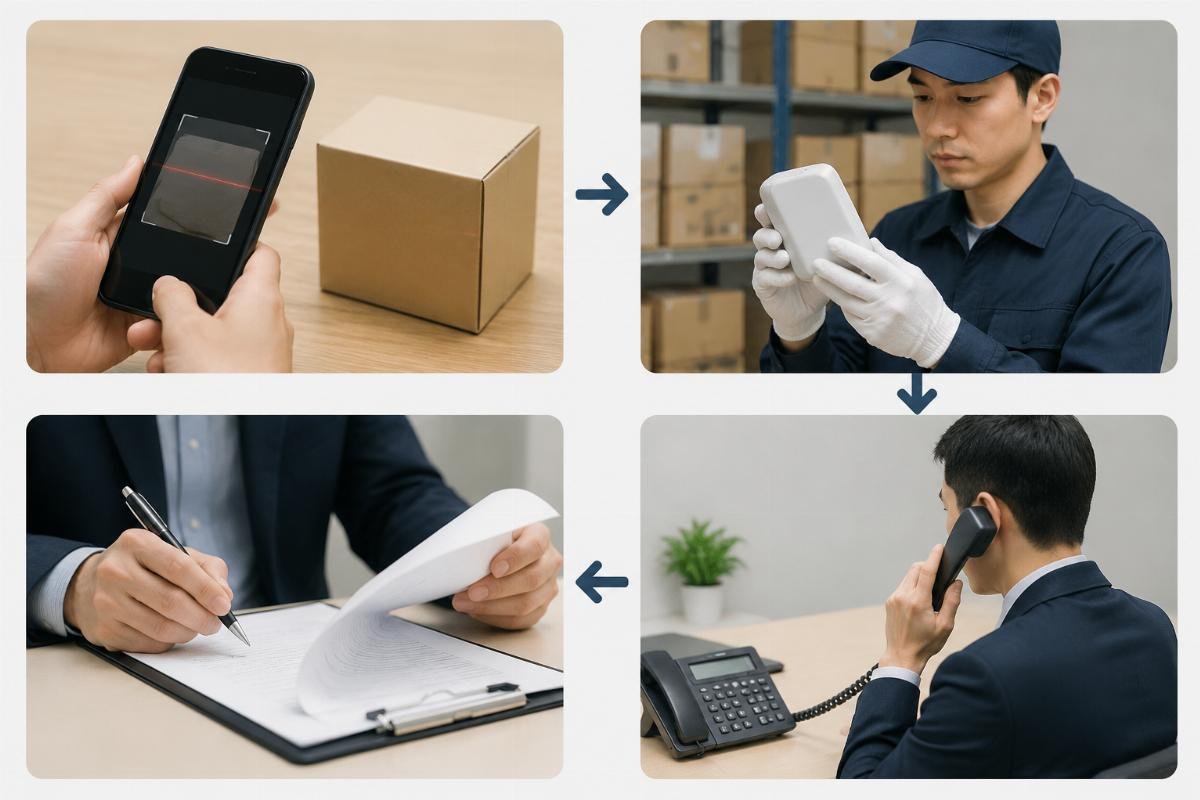 Authenticity verification workflow showing QR scan, physical inspection, distributor confirmation, and documentation review steps