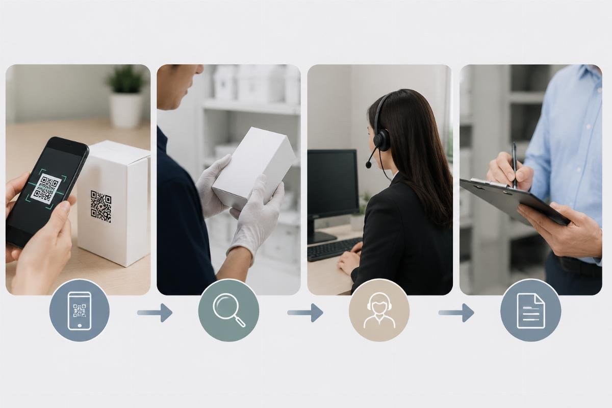 Authenticity verification workflow showing QR scan, physical inspection, distributor confirmation, and documentation review steps