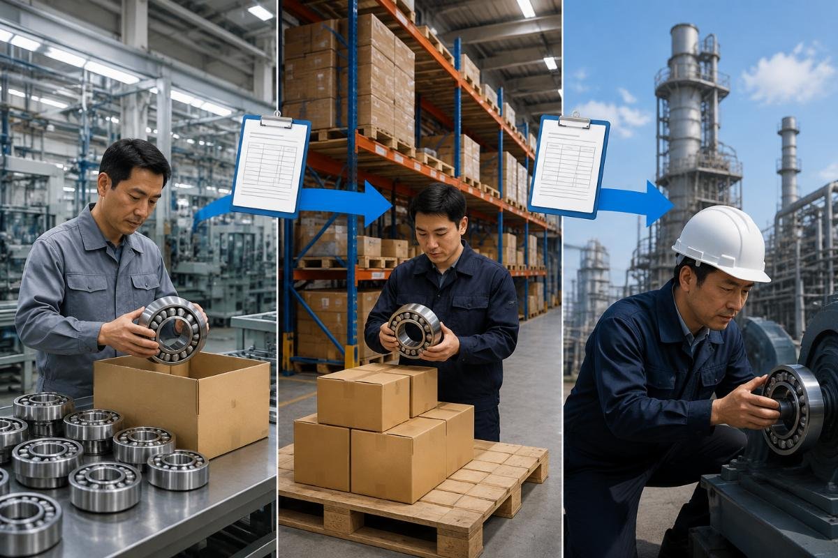 Authorized bearing distribution chain showing manufacturer, tier-one distributor, and end-user with documentation flow