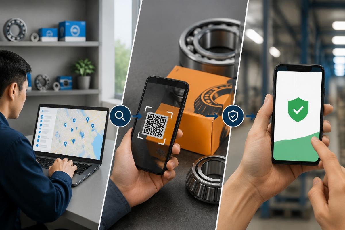 Authorized distributor verification workflow showing SKF dealer locator, Timken QR validation, and WBA app integration steps