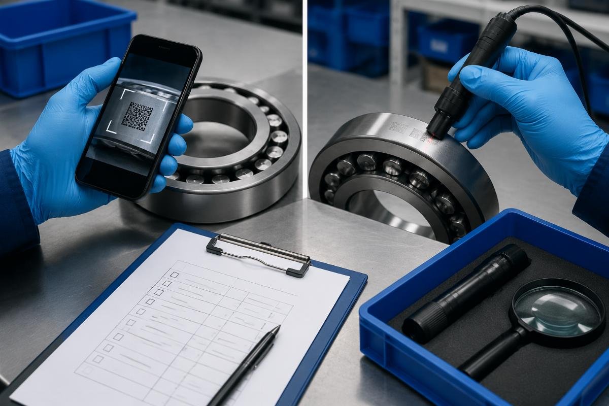 Authorized SKF bearing verification checklist including QR code scanning and laser marking inspection