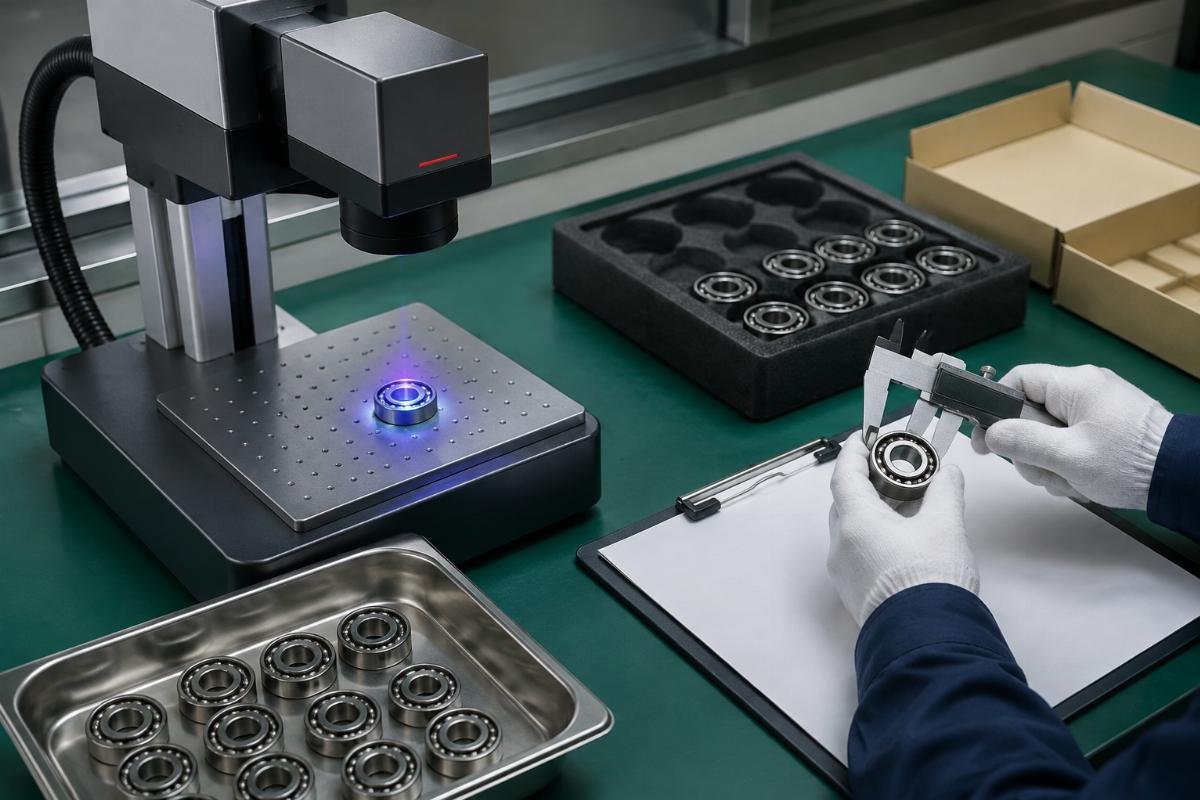 Bearing authenticity verification checklist showing laser marking packaging and dimensional measurement