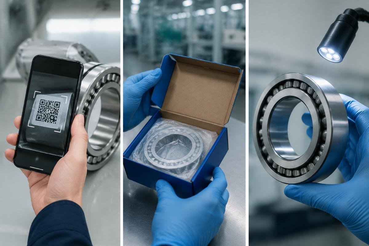 Bearing authenticity verification checklist showing QR code scan, packaging inspection, and marking quality check