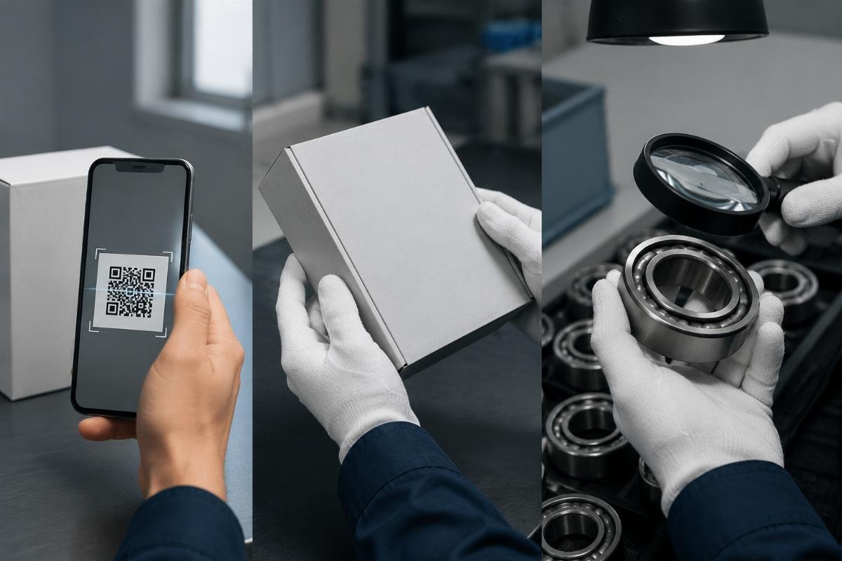 Bearing authenticity verification checklist showing QR code scan, packaging inspection, and marking quality check