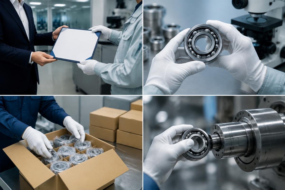 Bearing authenticity verification process showing authorization, certificate, packaging, and origin checks