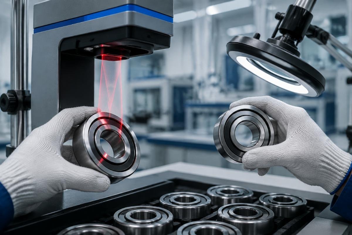 Bearing authenticity verification process showing laser code QR scan and origin stamp inspection