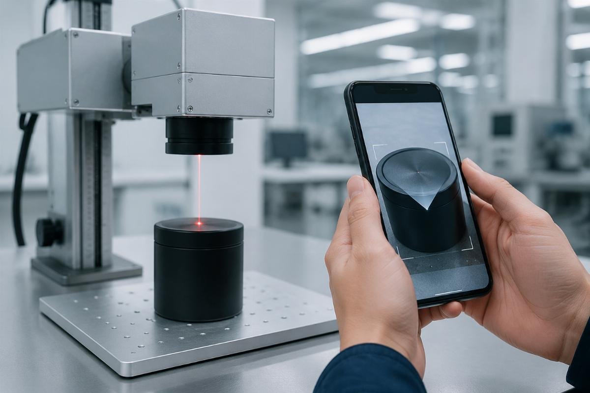 Bearing authenticity verification process showing laser marking check and app scanning