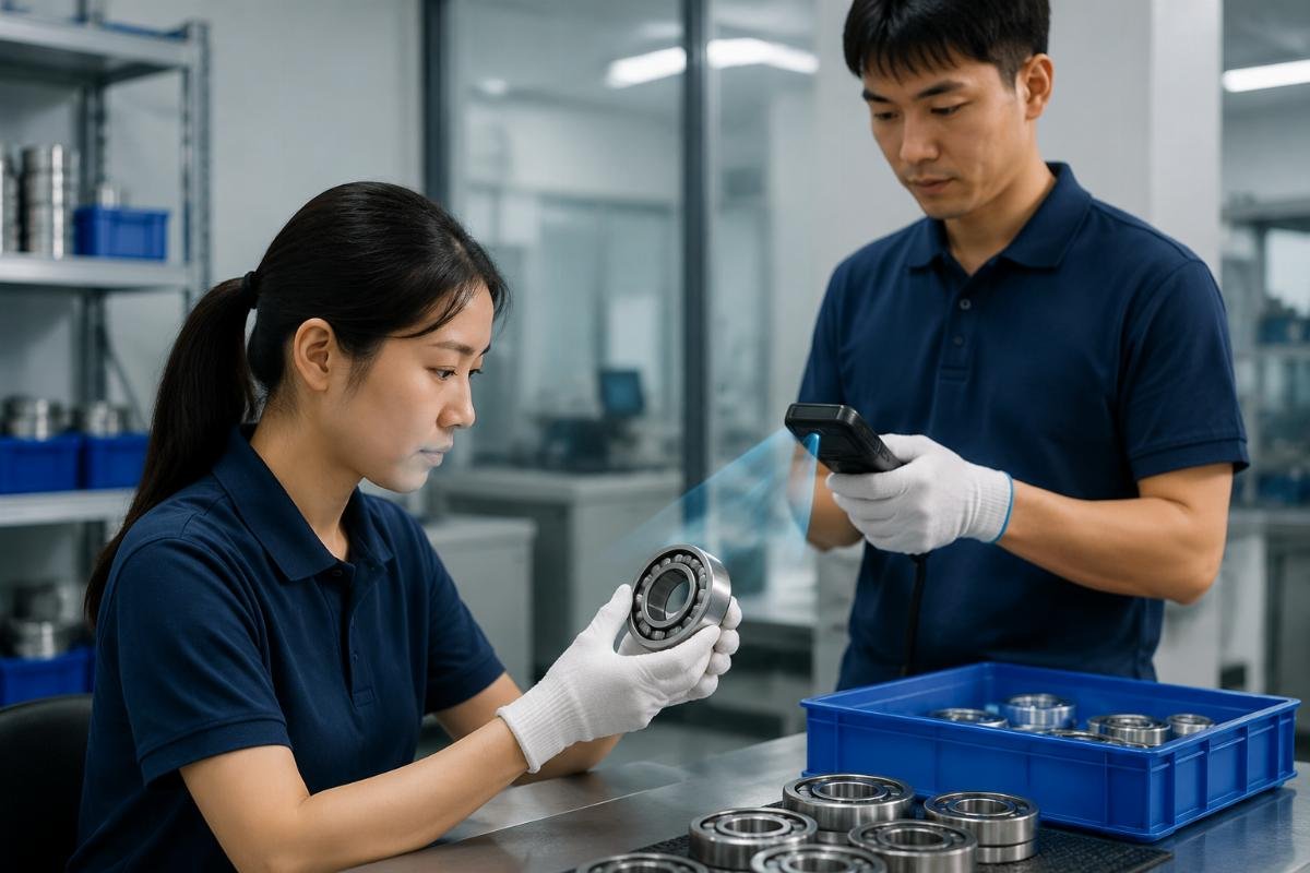 Bearing authenticity verification process showing QR code check and physical inspection