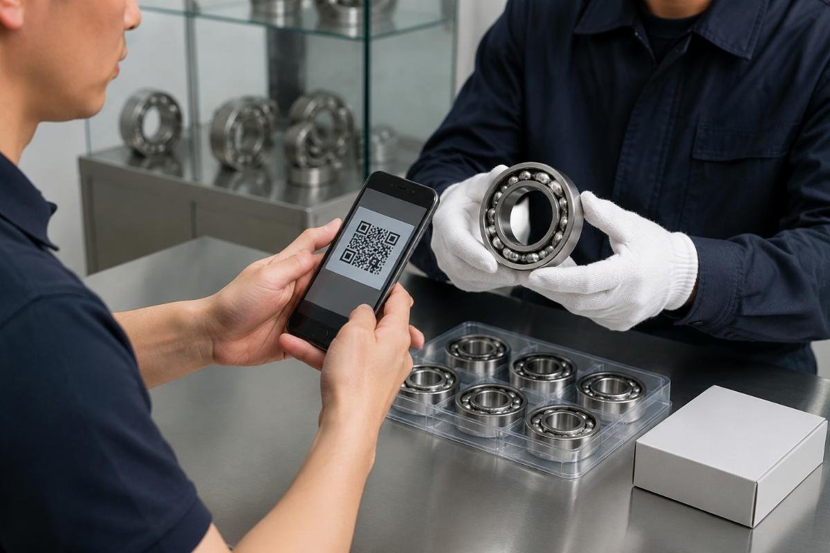 Bearing authenticity verification process showing QR code check and physical inspection