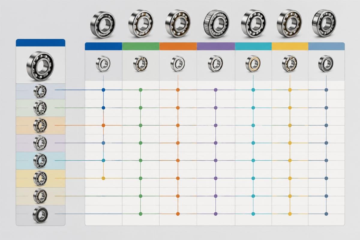 Bearing cross-reference chart showing base number and suffix code comparison