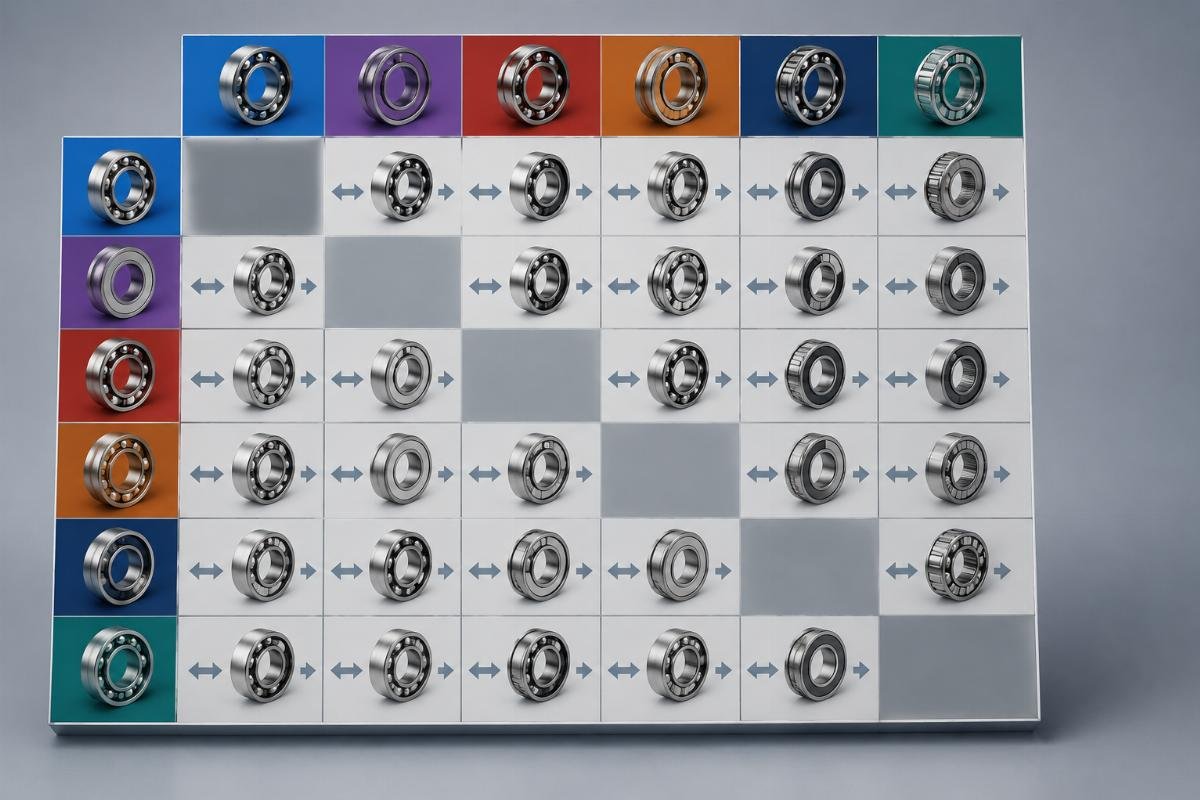 Bearing cross reference chart showing brand interchange matrix for SKF NSK FAG TIMKEN NTN KOYO