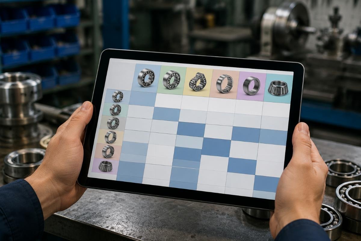 Bearing cross-reference interchange chart displayed on a tablet in a workshop