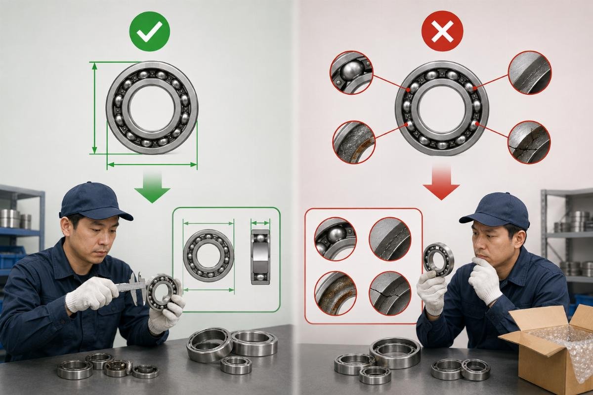 Bearing cross-reference pitfall diagram showing dimension matching vs full parameter verification