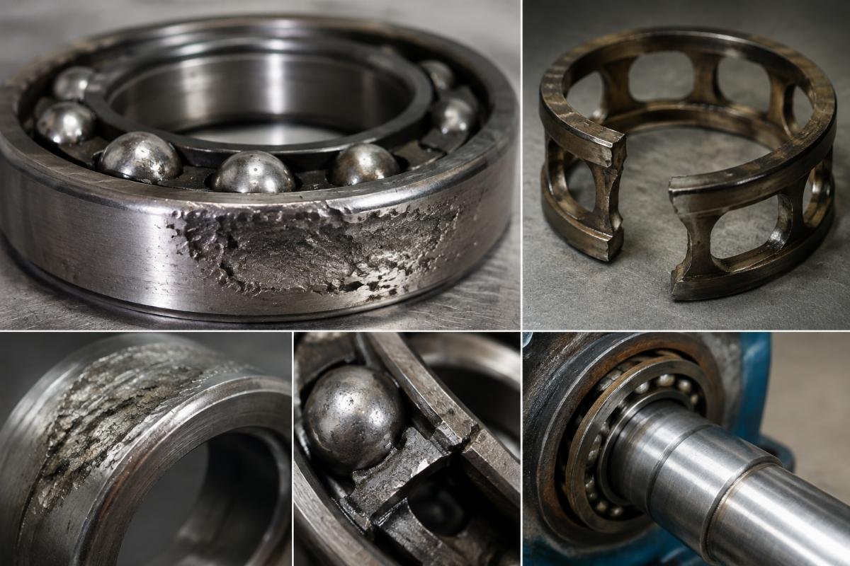 Bearing failure analysis showing spalling and cage damage from unverified cross-reference substitution