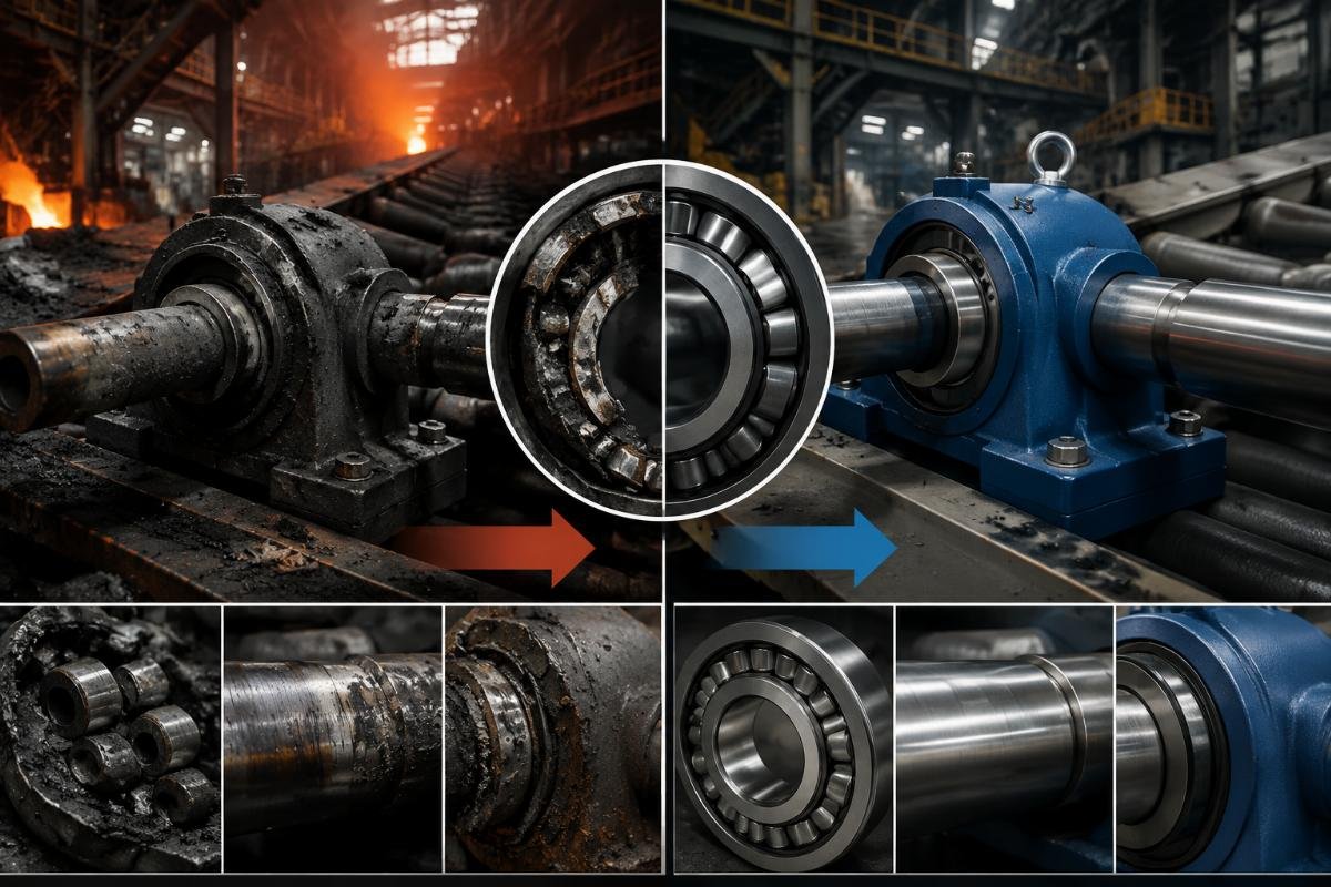 Bearing failure analysis showing standard vs. custom solution performance in steel mill conveyor application Conveyor Bearing Failure Analysis - Before and After Custom Solution