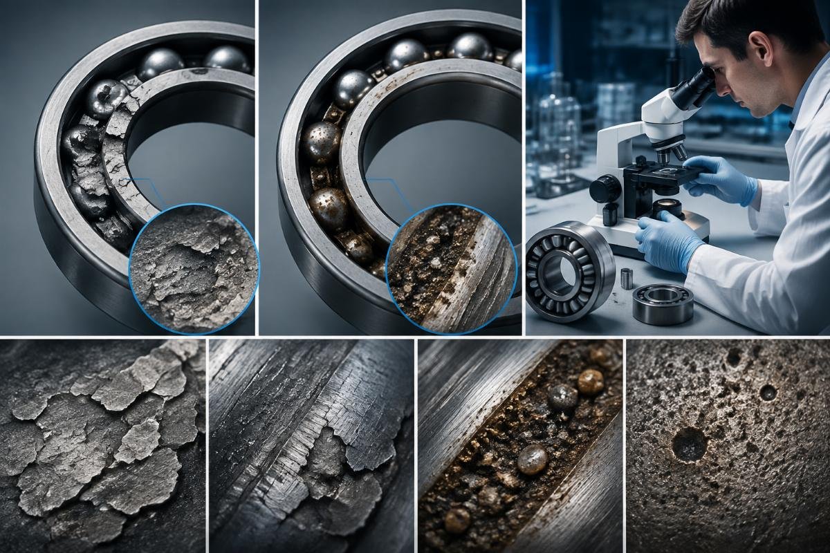 Bearing failure mode identification: microscopic analysis of key failure patterns Fatigue spalling vs contamination failure comparison