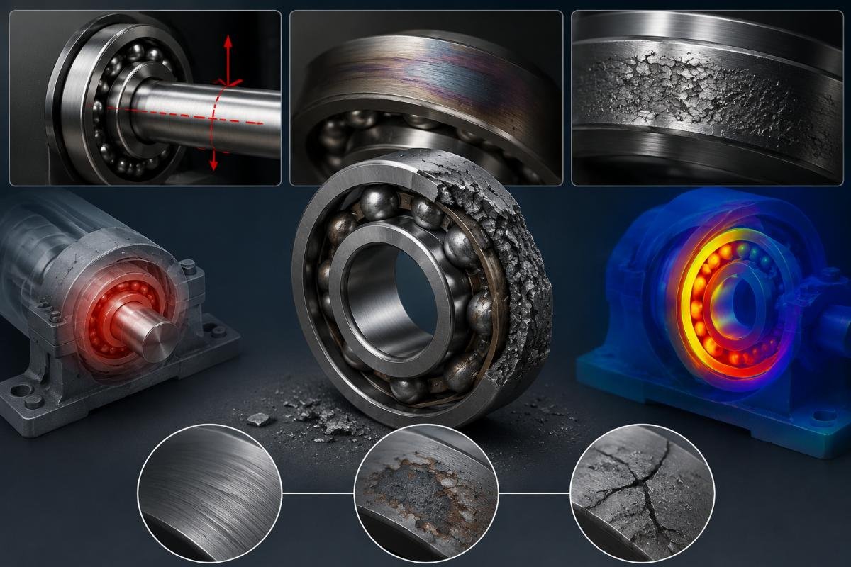 Bearing failure modes caused by precision class mismatch including runout, thermal, and fatigue patterns