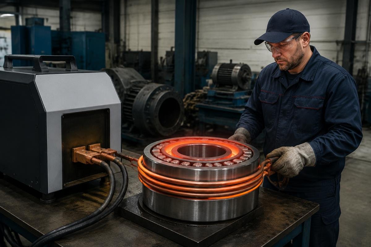 Bearing induction heater in use at industrial maintenance workshop