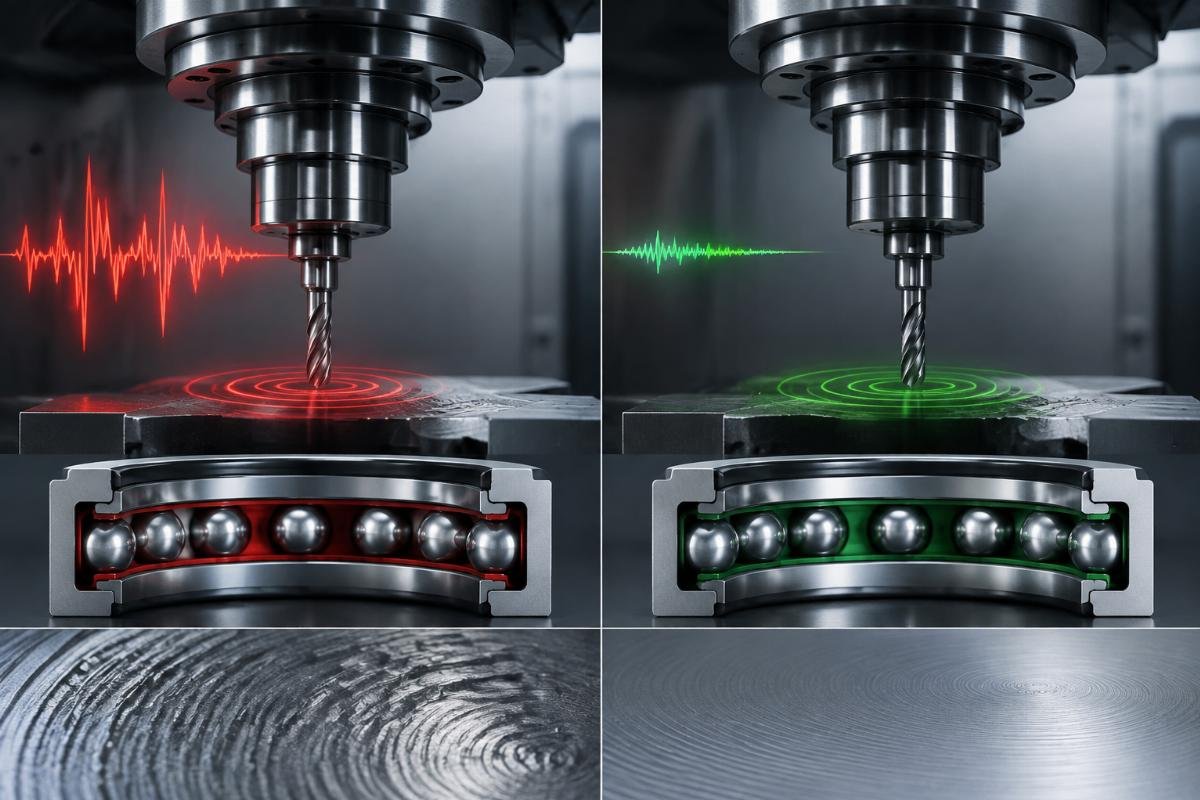 C2 bearing clearance improves CNC spindle precision by reducing vibration amplitude CNC machine spindle performance comparison showing vibration levels with C2 vs standard clearance
