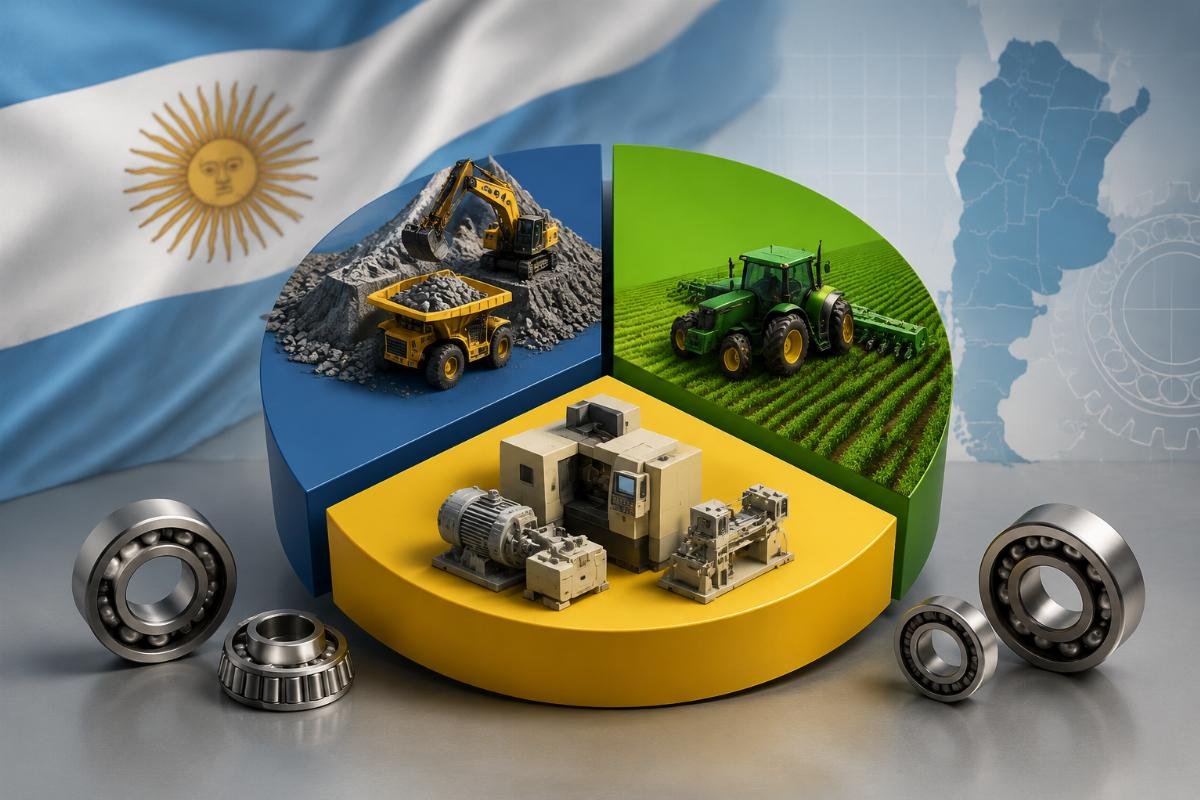 Chart showing Argentine industrial bearing demand distribution by mining agriculture and general machinery sectors