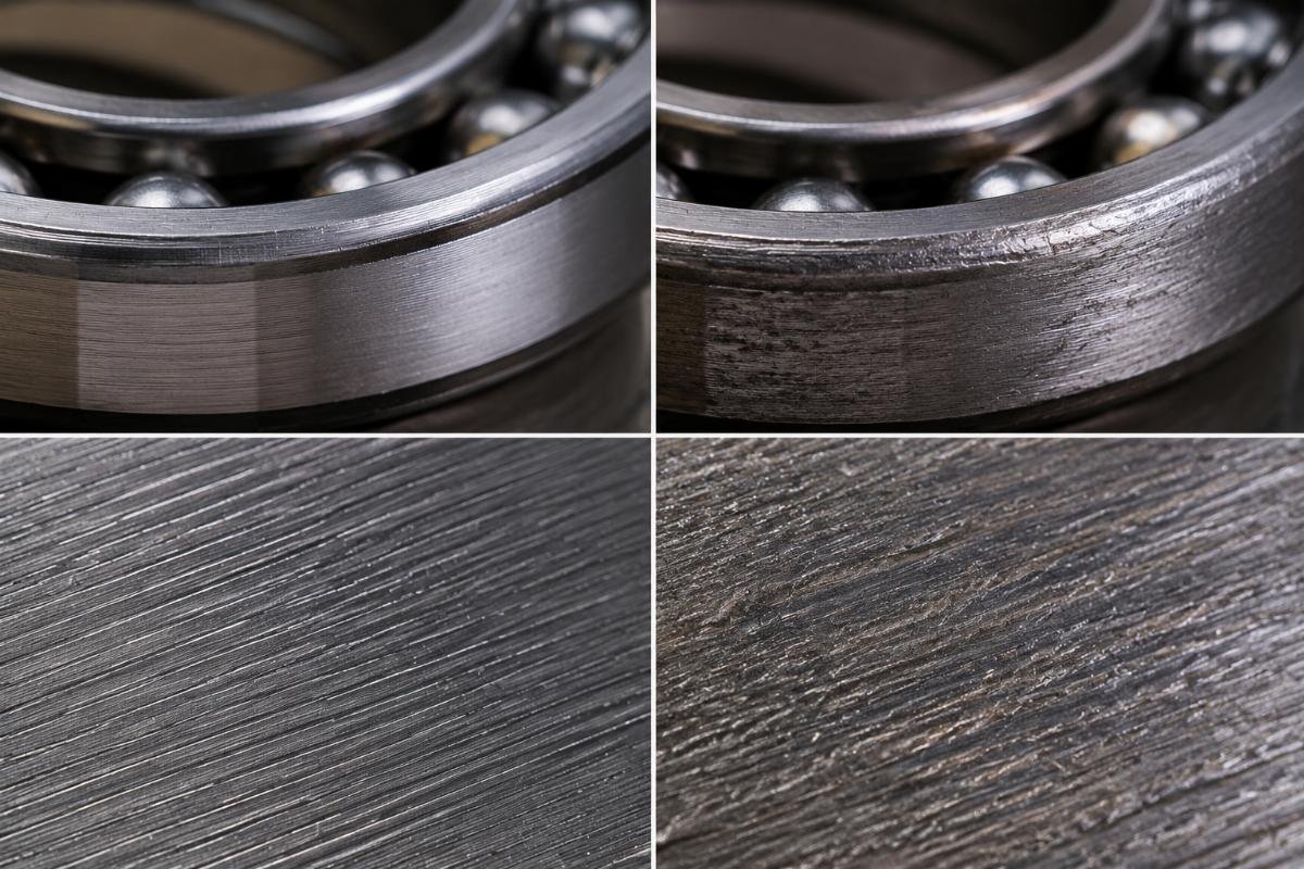 Close-up comparison of authentic versus counterfeit bearing stamp markings under magnification