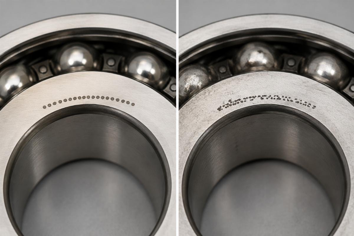 Close-up comparison of genuine versus counterfeit bearing inner-ring laser markings
