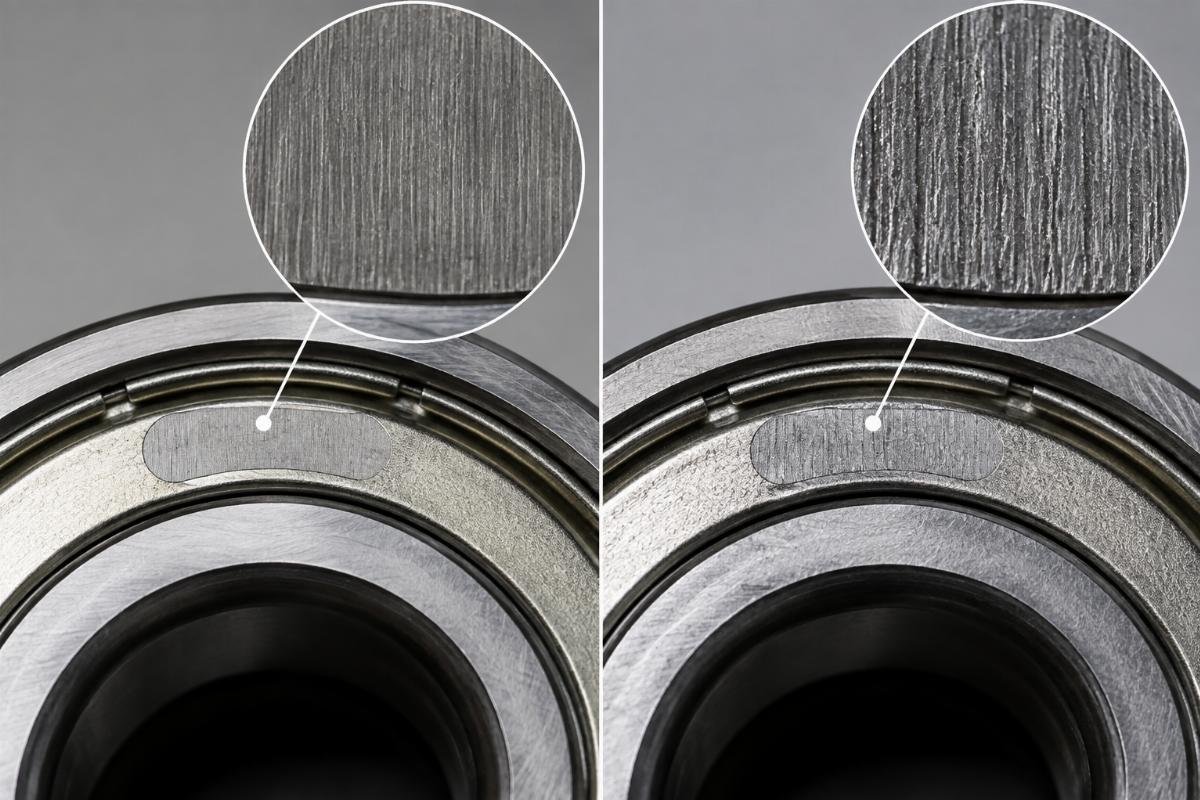 Close-up comparison of genuine versus counterfeit bearing origin stamping showing font weight and character spacing differences under magnification