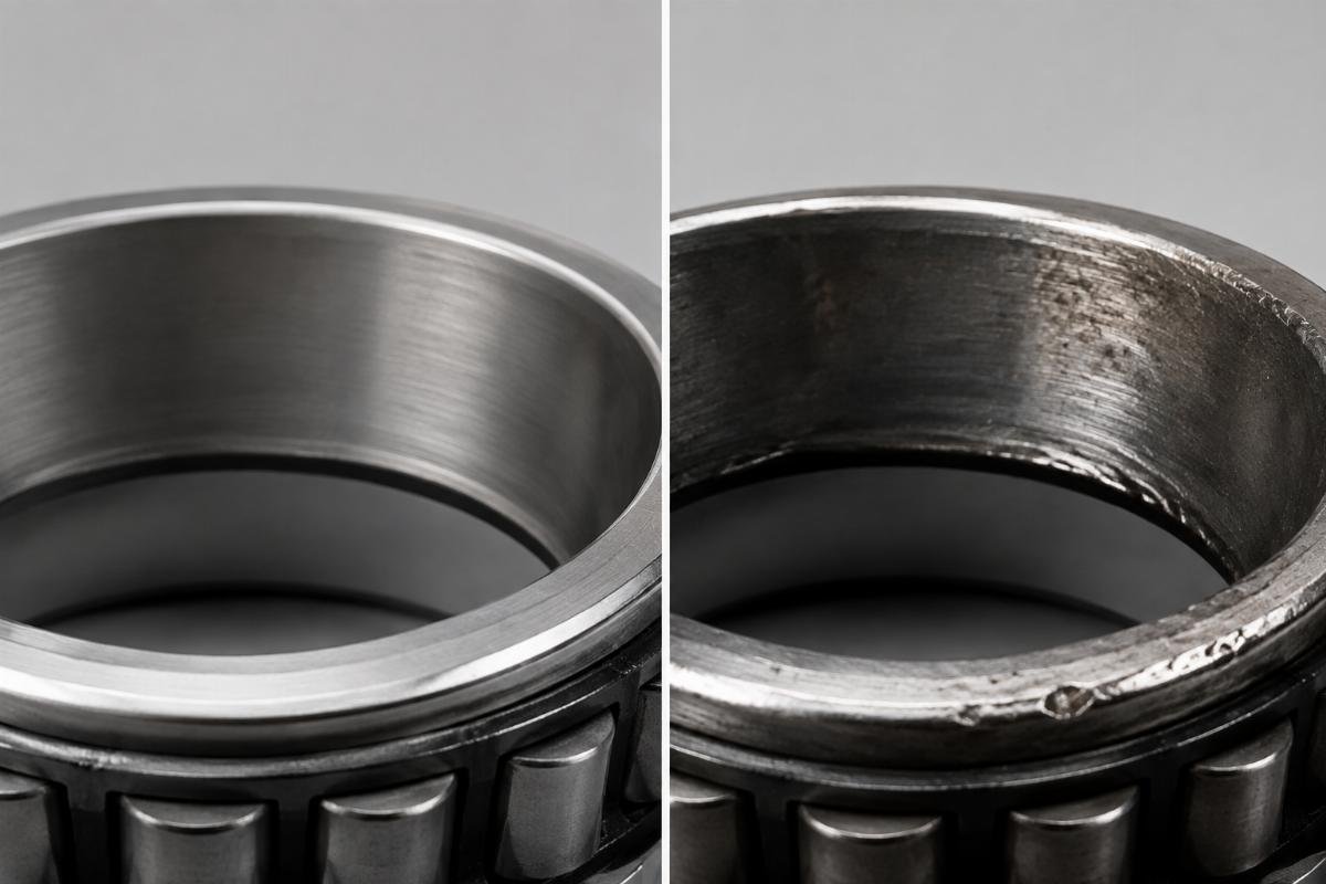 Close-up comparison of genuine versus counterfeit tapered roller bearing outer ring stamping