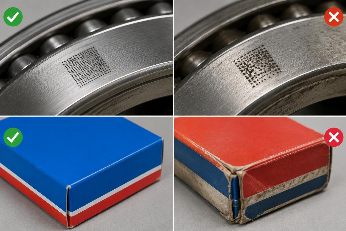 Close-up comparison of genuine versus suspicious SKF bearing laser engraving and packaging details