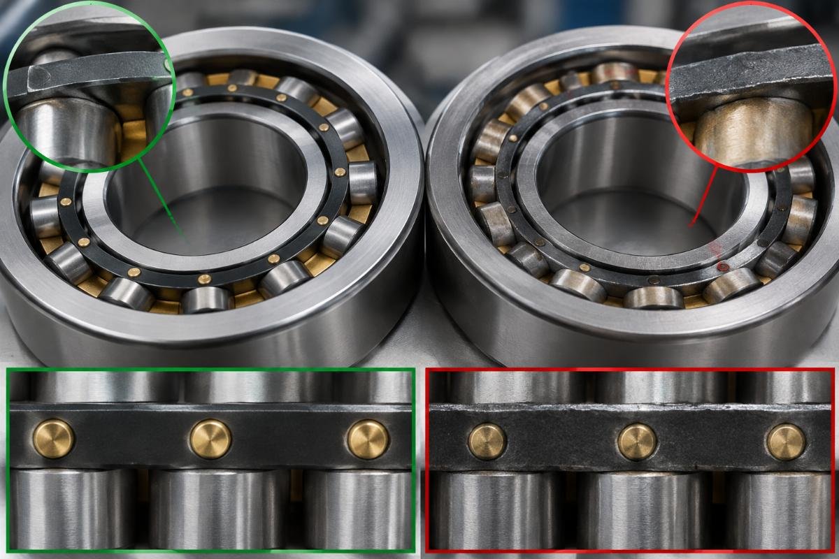 Close-up comparison of genuine vs counterfeit SKF bearing font edge and cage rivet spacing