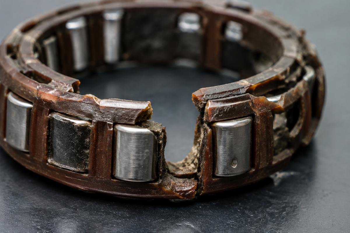 Close-up inspection of a damaged spindle bearing cage showing phenolic cage failure
