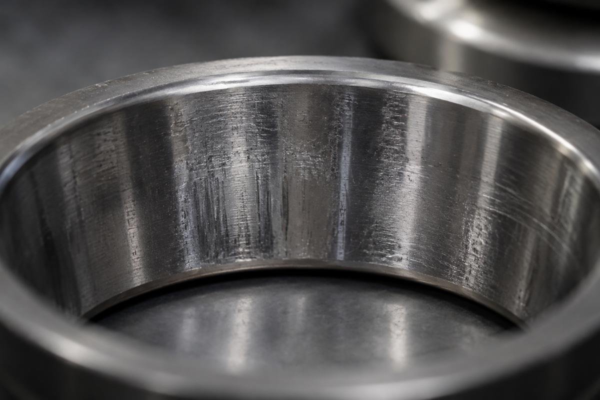 Close-up inspection of bearing inner ring surface showing roughness inconsistency indicative of counterfeit product