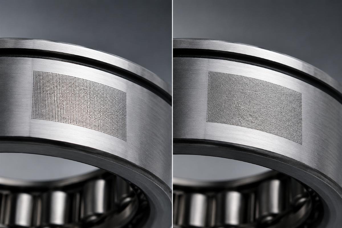 Close-up inspection of bearing outer ring markings showing laser engraving versus etching comparison