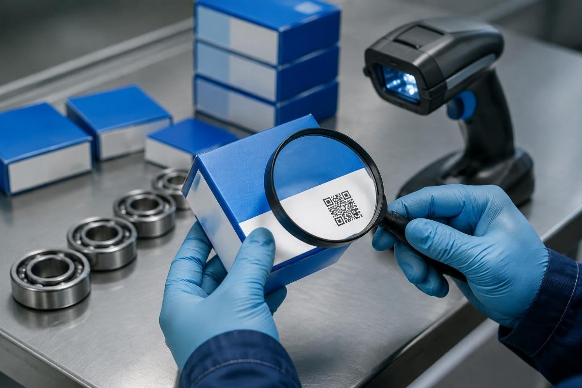 Close-up inspection of SKF bearing packaging showing QR code and batch number verification process