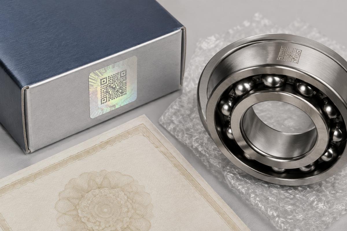Close-up of genuine bearing packaging showing anti-counterfeit QR code, laser-etched markings, and certificate of origin document