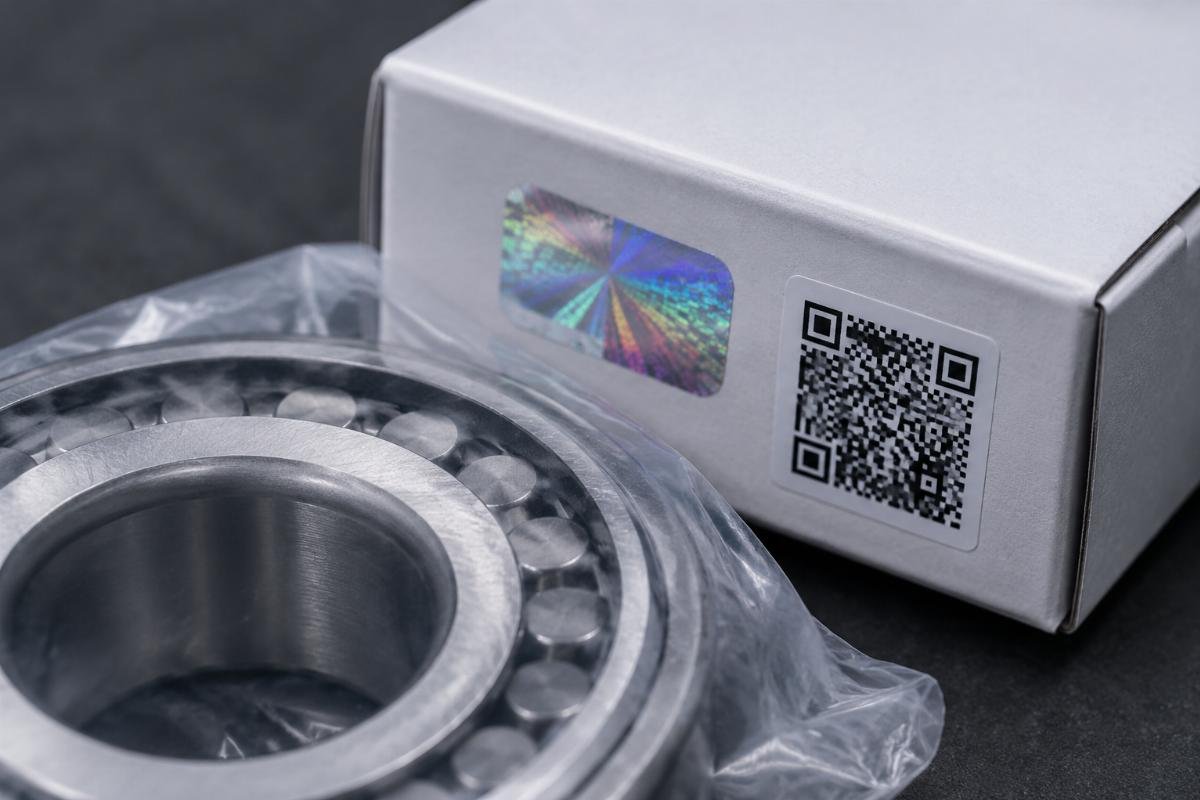 Close-up of genuine bearing packaging showing batch number label, QR code, and security hologram