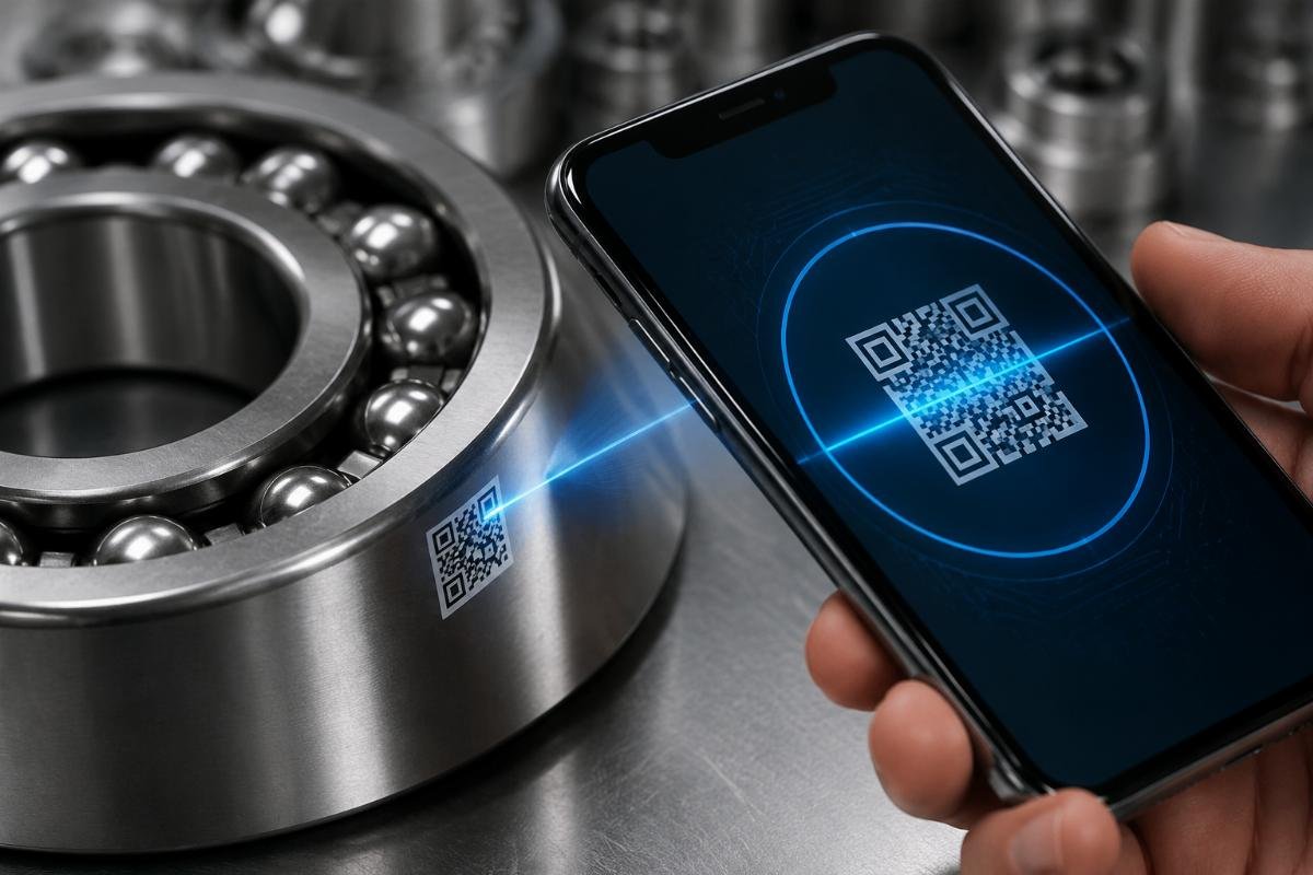 Close-up of NSK bearing anti-counterfeit QR label being scanned with smartphone verification app