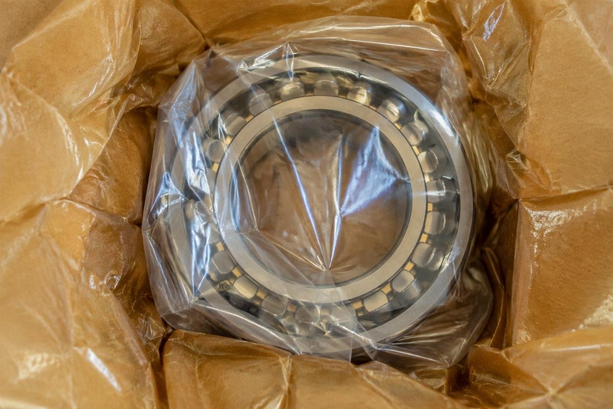Close-up of SKF bearing original packaging with VCI paper and sealed polyethylene wrap