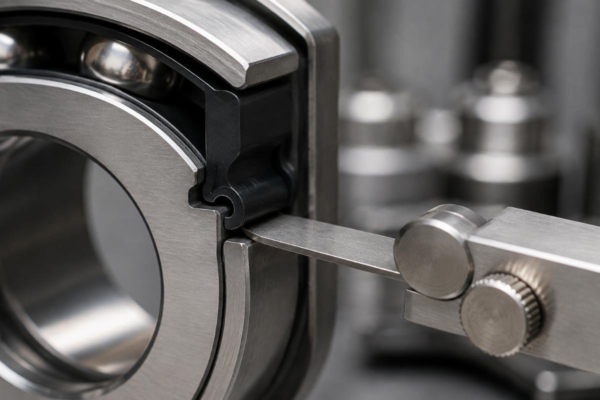 Close-up view of bearing seal lip geometry and clearance measurement tools