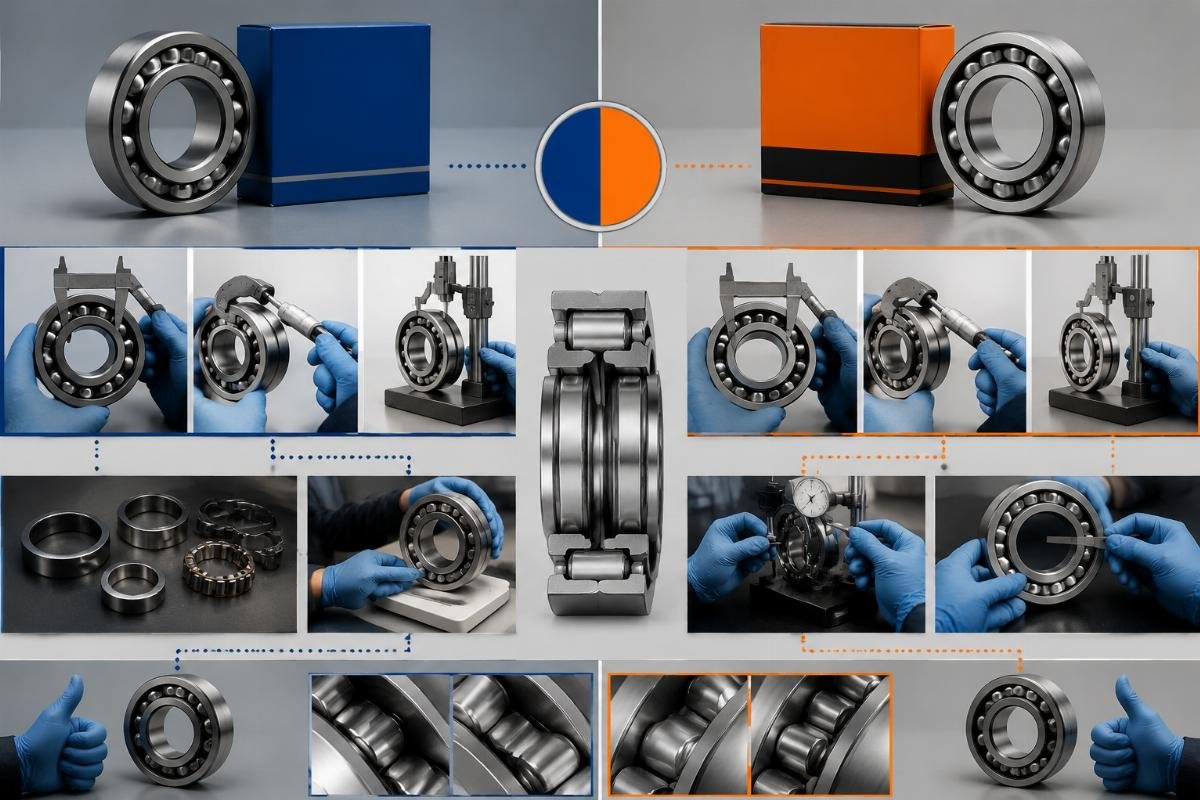 Comparison chart showing dimensional and specification verification steps for SKF and Timken bearing cross-reference