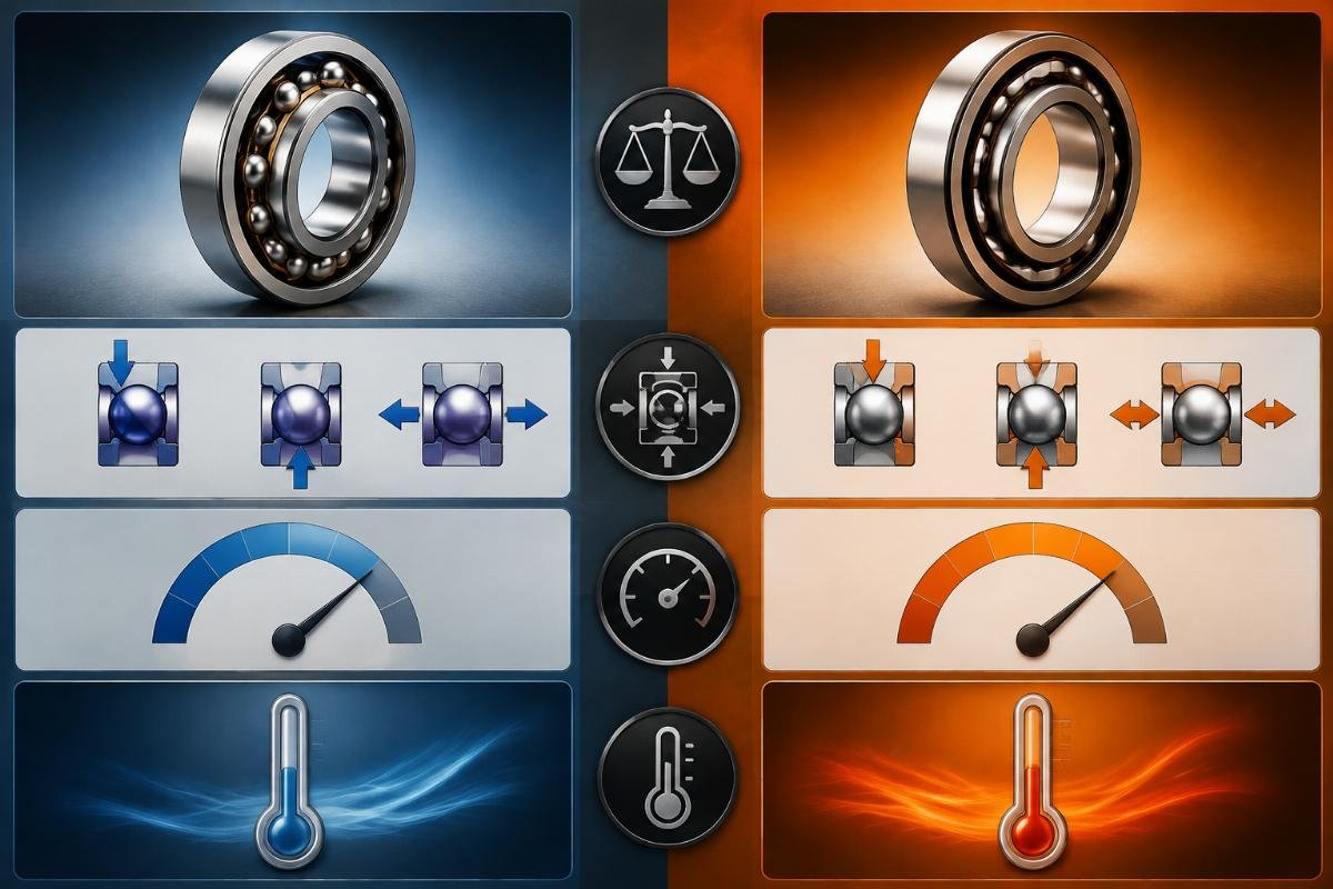 Comparison chart showing SKF and Timken angular contact bearing selection factors including load direction, speed range, and temperature capability