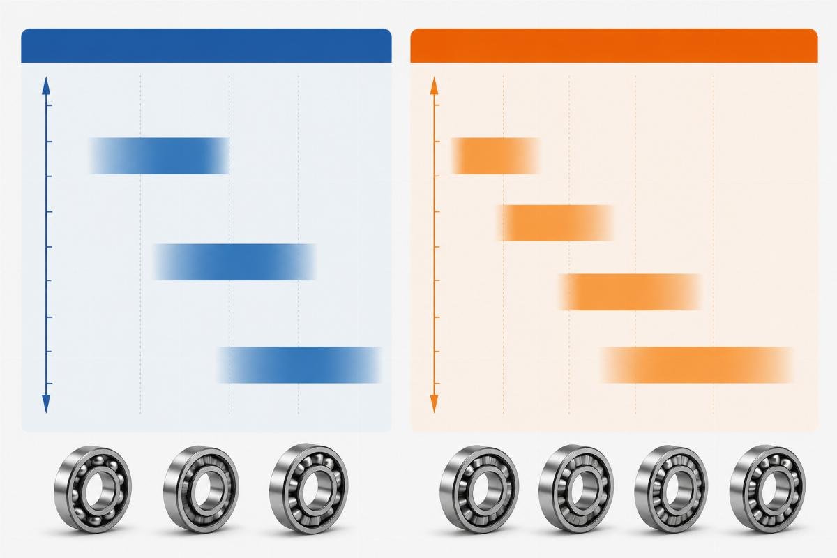Comparison chart showing SKF CN/C3/C4 and Timken C0/C1/C2/C3 radial clearance tolerance bands side by side with non-overlapping ranges